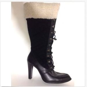 Black Faux Fur Knee High Heel Boot